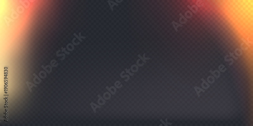 Film lens effect on black transparent background. Camera leak filter with light overlay effect for mobile photo, lens flare bokeh png bg, vector illustration. Burn red and orange gradient glow.