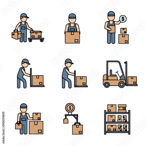 Warehouse worker set, package delivery and storage, logistical operations, industrial environment, isometric view, 78.svg reference