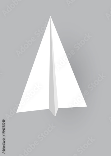 Paper plane model. Origami handmade aircraft view. Vector white paper airplane with shadow, isolated on gray background