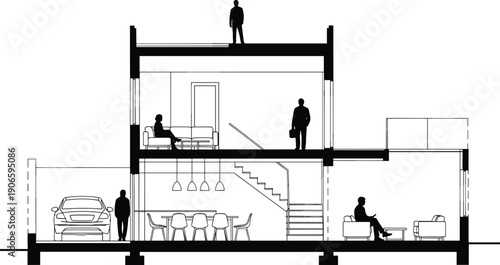 Black silhouette architectural cross section of modern two story house showing interior room layout with furniture people garage and car for residential building design projects