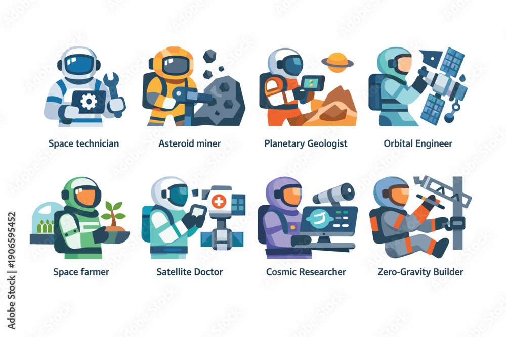 Fototapeta premium Set of futuristic astronauts illustrating space careers including technician, miner, geologist, engineer, farmer, doctor, researcher, and builder