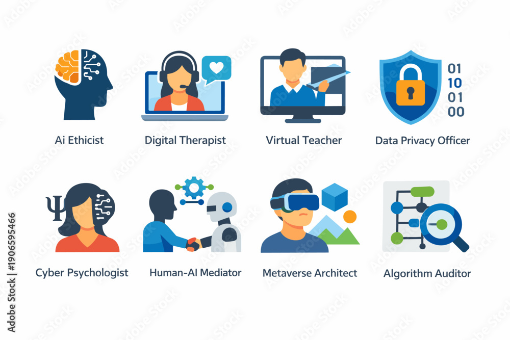 Fototapeta premium Illustrated icons of emerging AI careers including ethicist, digital therapist, virtual teacher, privacy officer, mediator, auditor, and metaverse architect