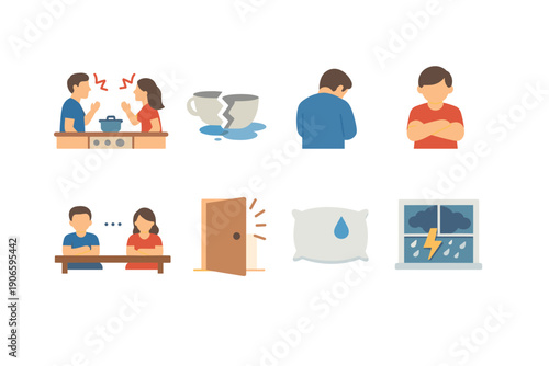 Set of flat illustrations showing relationship conflict, silent treatment, anger, separation, broken hearts, stress, and stormy mood symbols