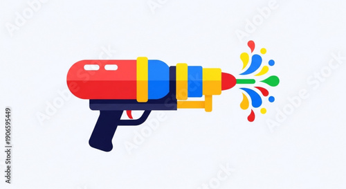 Colorful water gun shooting water droplets on white background playful summer fun vibrant toy illustration