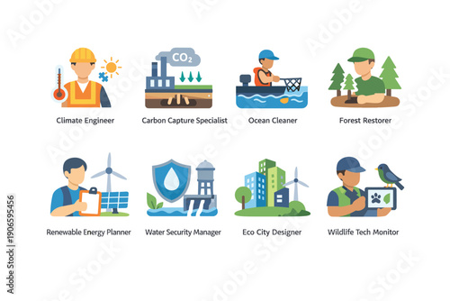 Illustrated set of green careers and sustainability professions including climate engineering, carbon capture, ocean cleanup, forest restoration and eco design