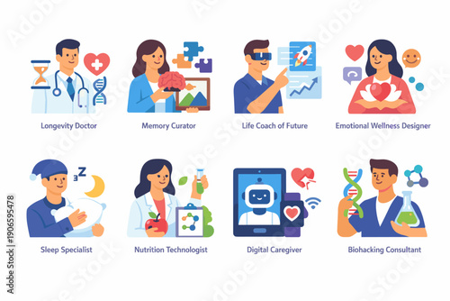 Illustrated set of future healthcare professions showing longevity doctor, memory curator, life coach, emotional wellness designer, and digital caregiver roles