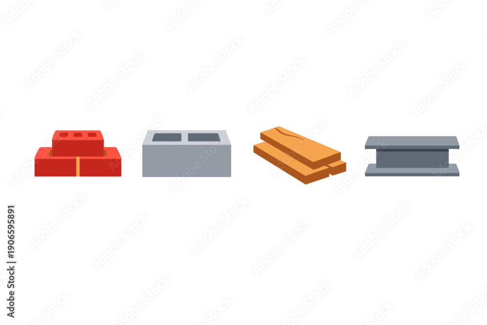 Obraz premium Set of construction materials icons including red bricks, concrete blocks, stacked wooden planks, and steel beam isolated on white background