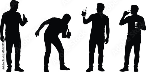 Black silhouette collection of men drinking beer and cocktails in various poses isolated on white background for party nightlife celebration and social event design
