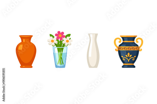 Set of four decorative vases including orange ceramic, clear glass with colorful flowers, tall white porcelain, and ornate blue-gold amphora