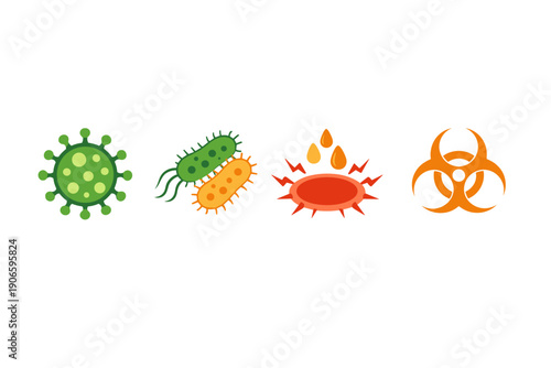 Set of colorful microbiology hazard icons showing virus particle, bacteria cells, infected blood droplet, and biohazard warning symbol on white