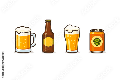 Cartoon beer set with foamy mug, glass, bottle, and hop can in flat vector style, isolated on white background for beverage illustration