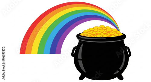 Rainbow pouring gold coins into black cauldron symbolizing good luck and wealth with vibrant colors on white background