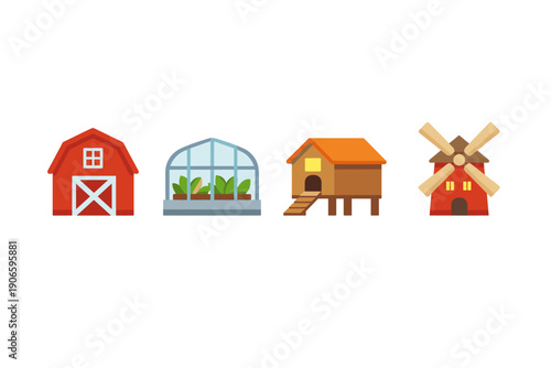 Set of colorful farm building icons including a red barn, glass greenhouse with seedlings, wooden coop, and traditional windmill on white background