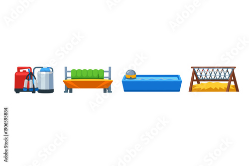Set of sports and training equipment icons featuring backpacks, bench with balls, swimming pool lane with cap, and jumping obstacle on white background