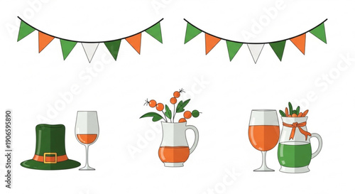 St patrick's day celebration elements with green hat bunting flowers and drinks on white background