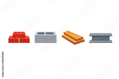 Set of construction materials icons including red bricks, concrete blocks, stacked wooden planks, and steel beam isolated on white background