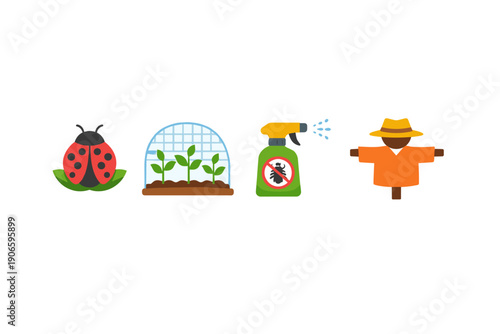 Gardening and pest control icon set with ladybug, seedlings under cloche, insecticide spray bottle, and scarecrow on white background