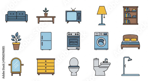 Collection of various household furniture and appliances for home interior design.