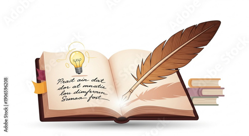 Open book with feather quill and lightbulb on white background with stack of books
