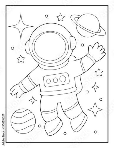 
Cartoon Astronaut Waving in Galaxy. Kids Coloring Book Page with Planets and Stars. Hand Drawn Vector Illustration
