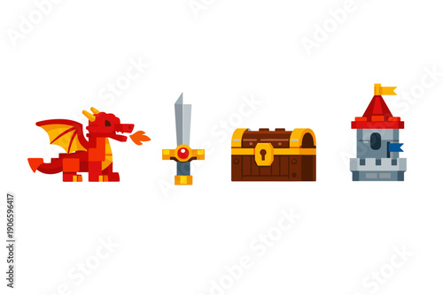 Pixel art fantasy game icons featuring a red dragon, silver sword, locked treasure chest, and small medieval tower castle on white background