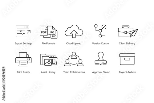 Minimal line icon set illustrating design workflow features including export settings, file formats, cloud upload, version control, approval, and archiving