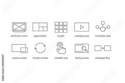 Minimal line icon set illustrating user interface and user experience design elements including wireframes, layouts, grids, prototypes, testing, and flows