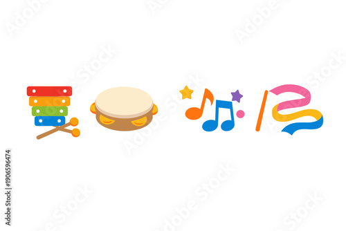 Colorful musical instrument icons featuring xylophone with mallets, tambourine drum, music notes, and vibrant number twelve on white background