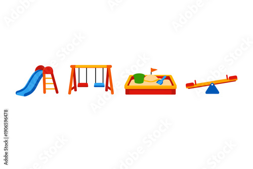 Colorful playground equipment set featuring slide, swing set, sandbox with shovel and flag, and seesaw isolated on white background