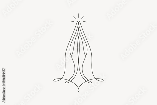 Minimal line art illustration of praying hands in a centered meditative pose with subtle radiating lines, symbolizing spirituality and mindfulness