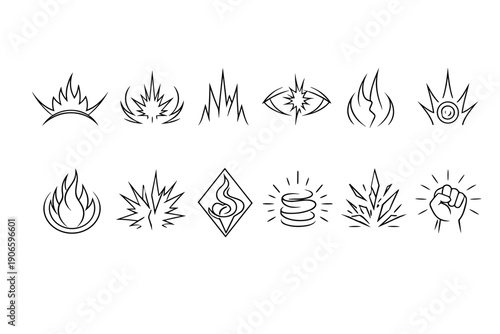 Minimal black line icon set featuring flames, sparks, explosions, aura, energy rings, crystal shards, eye burst, and raised fist symbol elements