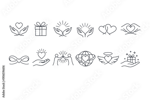 Minimal line icons set with open hands holding hearts, gift box, love symbols, wings, sparkles, and globe heart for charity and care themes