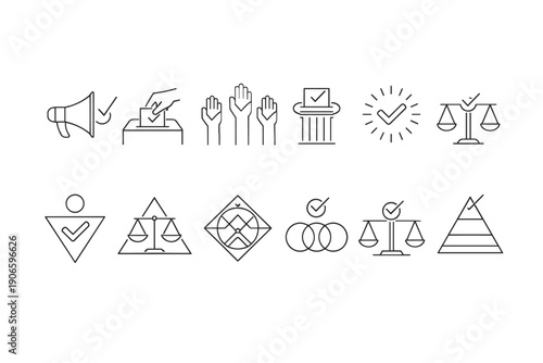 Minimal line icon set showing voting, election participation, equality and justice symbols including ballot box, raised hands, scales and checkmarks