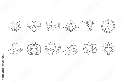 Minimal line icon set of wellness and medical symbols including cross, heart, hands, lotus, caduceus, yin yang, atom, and ankh