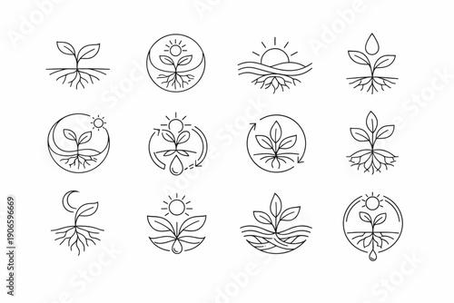 Minimal line icon set of seedlings with roots, sun, water drops, and circular eco symbols for gardening, growth, sustainability, and nature design