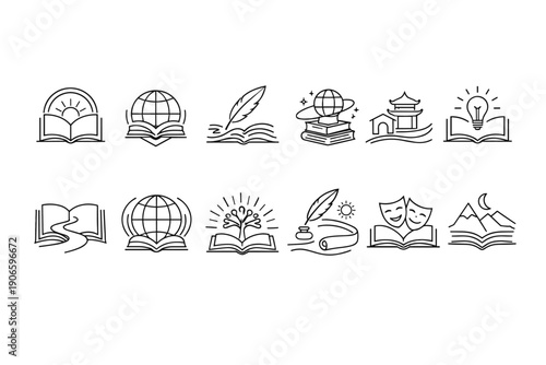 Minimal line art education and knowledge icons set featuring books, globes, quill pen, light bulb, theater masks, and mountains