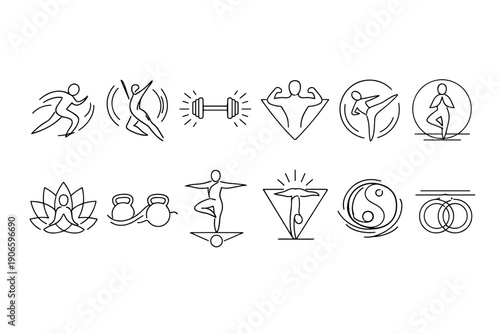 Minimal line art fitness and wellness icon set featuring running, yoga, strength training, stretching, balance, meditation, and harmony symbols