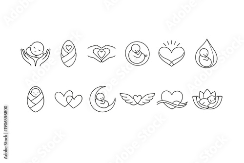 Minimal line art set of baby and maternity icons showing newborn in hands, swaddling, heart shapes, sleeping infant, wings and lotus cradle designs