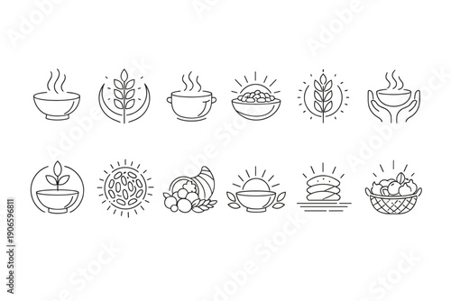 Minimal line art set of warm beverage and breakfast icons including cups, bowls, grains, fruit basket, croissant, sunrise, and botanical wheat symbols