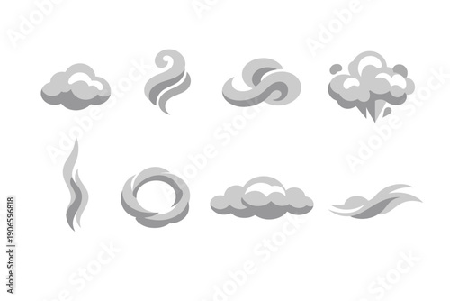 Set of stylized gray smoke, steam, mist, and cloud icons in flat design, featuring swirling vapor curls and puffs on a white background
