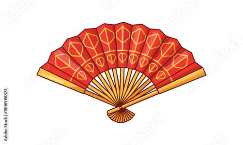 A vibrant red and gold folding fan with intricate geometric patterns, displayed open on a white background.