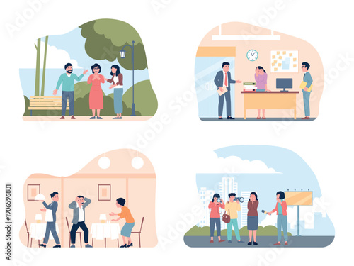 Panic attack in public spaces. Shyness, deviant behavior on street, in office, in restaurant. Man shouts in cafe, woman afraid of publicity. Mental problems recent vector scenes