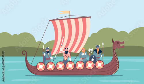 Vikings on drakkar ship. Scandinavian warriors with weapon, swords and axes standing on boat in river or sea. Flat cartoon seascape, recent vector background