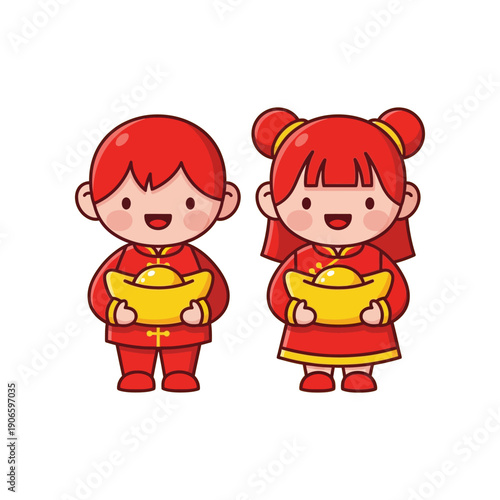 Two adorable cartoon children in traditional red Chinese clothing holding golden ingots, symbolizing prosperity and good fortune.