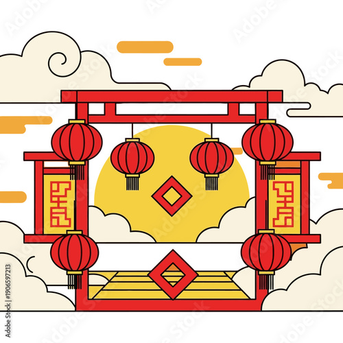 Traditional Chinese gate with red lanterns and stylized clouds, featuring a golden sun and auspicious patterns.