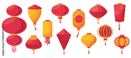 Cartoon china lantern. Traditional oriental lanterns various shapes. Asian paper decoration for festival, holidays, street performance. Decorative lamps nowaday vector set