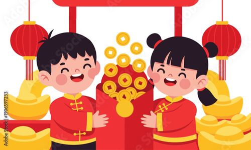 Two happy children in traditional Chinese attire holding a large red envelope filled with golden coins and ingots, celebrating Chinese New Year.