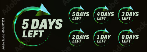 Modern countdown timer with 3D arrow showing days left from 5 to 0. Vector illustration.