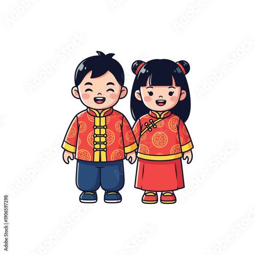Cute cartoon boy and girl in traditional Chinese New Year outfits smiling happily.