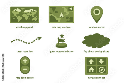 Collection of green game map interface icons including world map panel, minimap, location marker, route line, quest indicator, zoom controls, navigation buttons